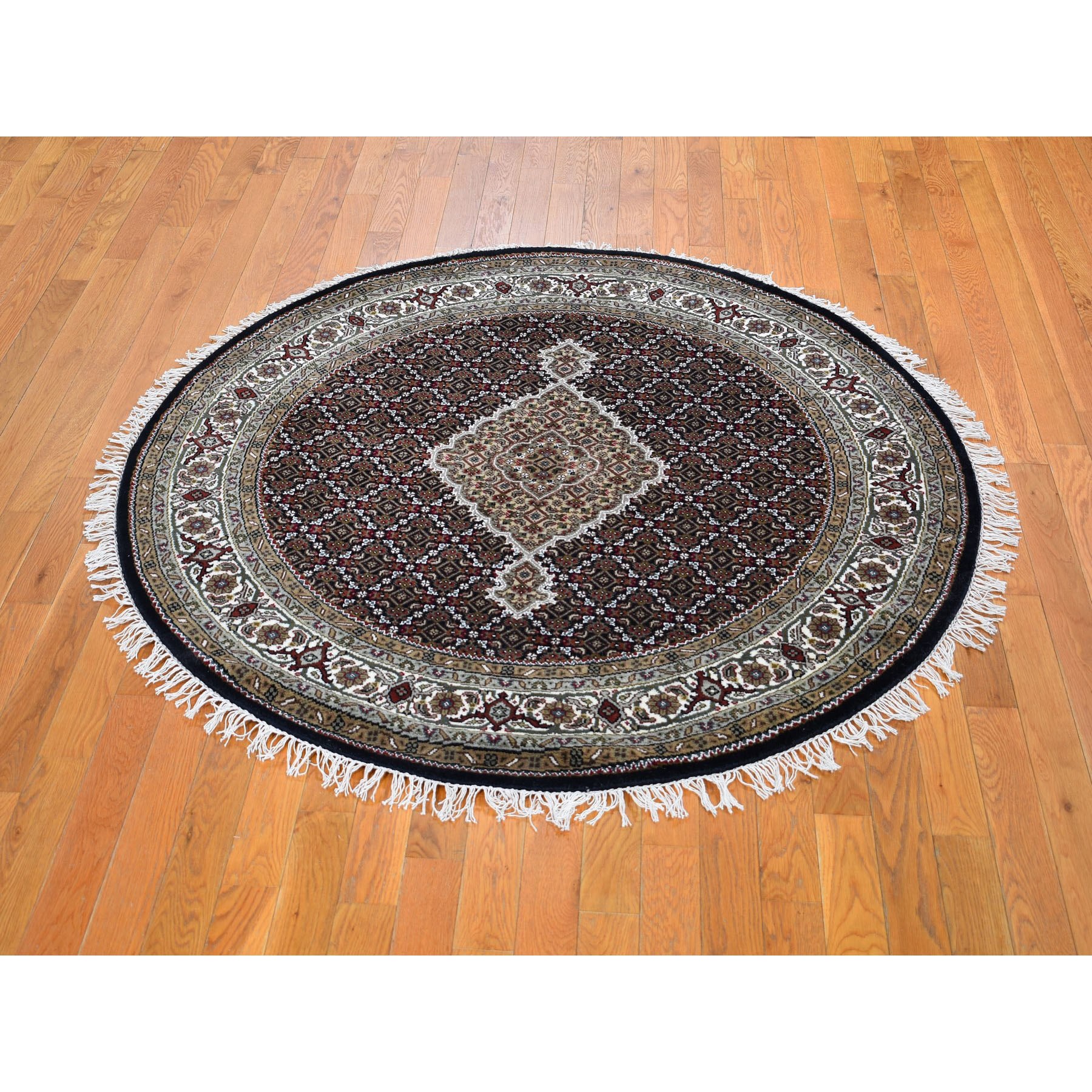 5'1"x5'1" Round Black Tabriz Mahi Wool And Silk Hand Knotted Oriental Rug